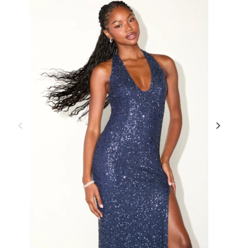 NWT XS Lulus Navy Sequin Halter Maxi Dress - Prom / Evening Gown (ABBA)
